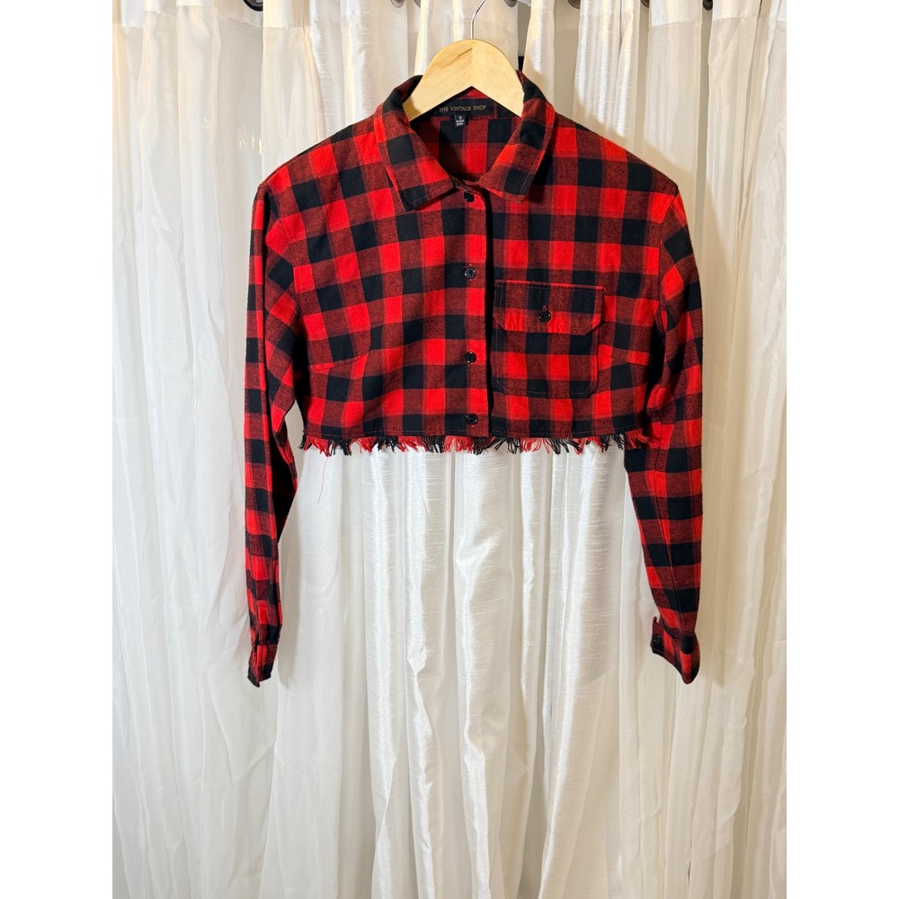 The Vintage Shop Cropped Flannel Womens Small Red Black Buffalo Plaid Raw Hem